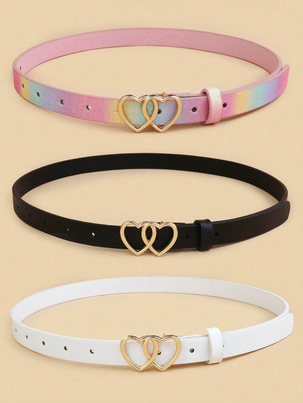 3pcs Kids New Style Double Heart Buckle Belts, High Quality PU Waist Bands For Jeans, Dresses