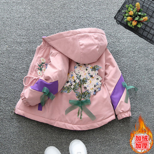 2025 autumn and winter children's warm thickened velvet cute girls waist jacket medium and older children's trench coat hooded jacket
