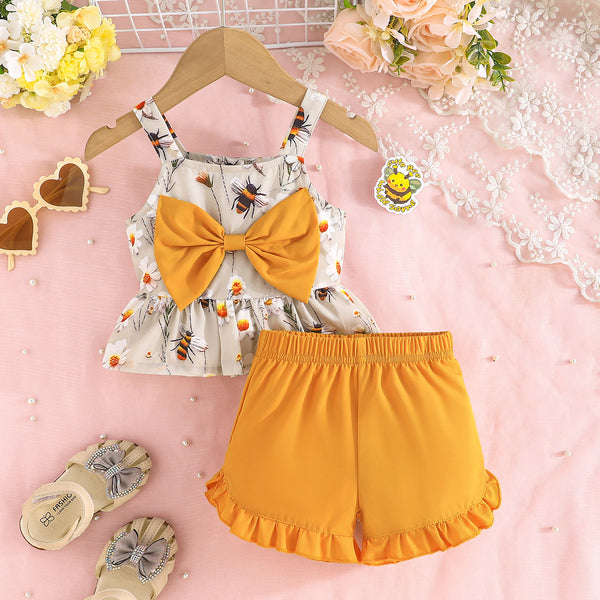 2025 summer new baby girl cute flower big bow decorative suspender top + solid color shorts set