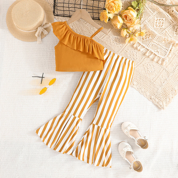 Summer solid color top suspender + striped horn pants fashionable and casual versatile one-piece generation