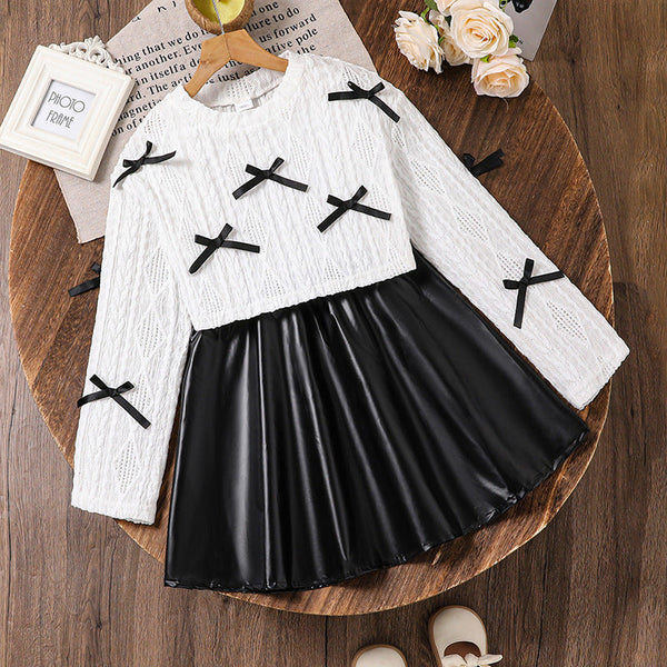 Girls’ Two-Piece Suit – European & American Style Bow Long-Sleeved Top with Skirt