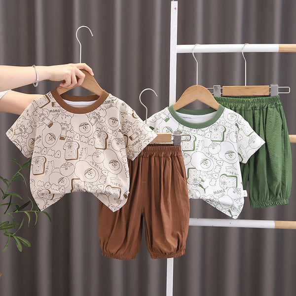 Summer outer wear medium and small children fashionable foreign style full of printed bread slices short sleeves thin suit