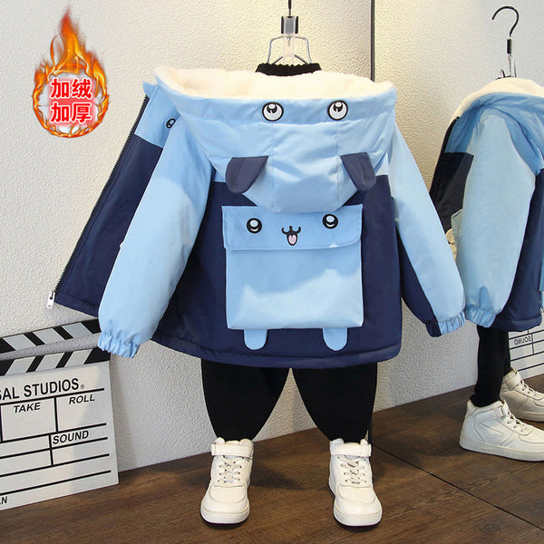 Girls' winter clothing new boys' fashion back big pocket smiley face bear print velvet loose hooded cotton jacket