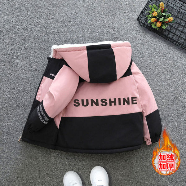 Girls' autumn and winter new Korean version of velvet and thicker pie overcomes boys' fashion color matching letter printing hooded jacket tide