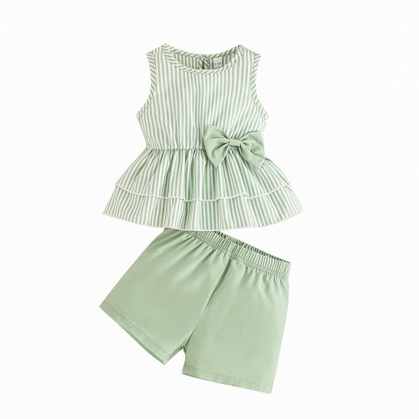New simple and cute baby girl striped pattern sleeveless top shorts summer casual suit