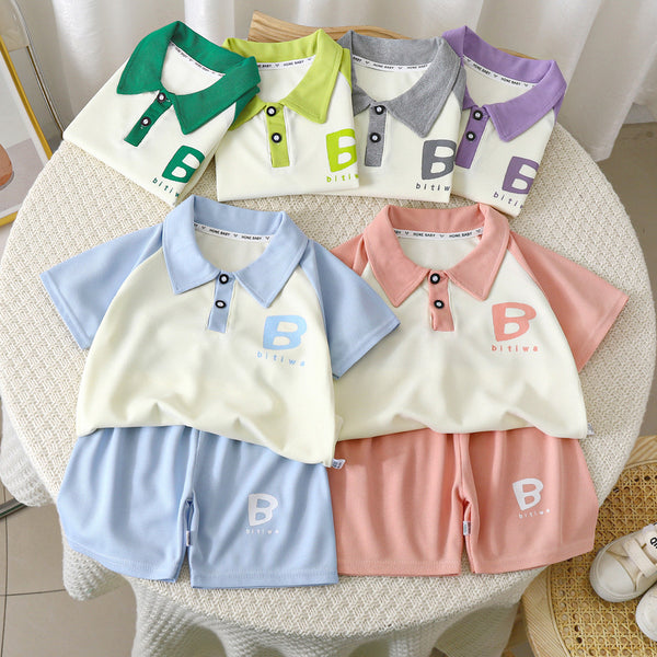 Children's short-sleeved summer suit, new boys' lapel outer wear, medium and small children's clothes, baby two-piece set, children's clothing