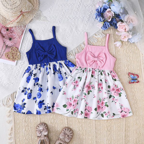 Summer new sweet and cute bow decorative flower skirt suspender dress daily leisure