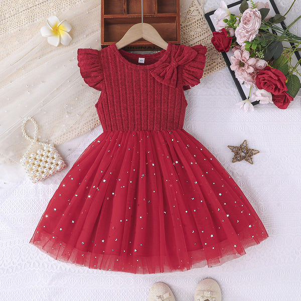 Cross-border 2025 temperament elegant girls new shoulder bow decorative star and moon mesh dress summer dress