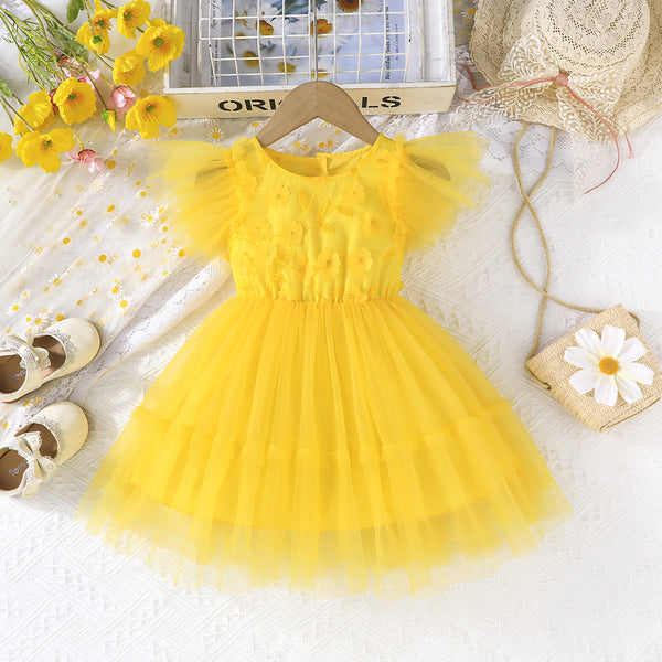 2025 summer new sweet and cute princess dress flying sleeve crew neck flower mesh skirt casual vacation dress