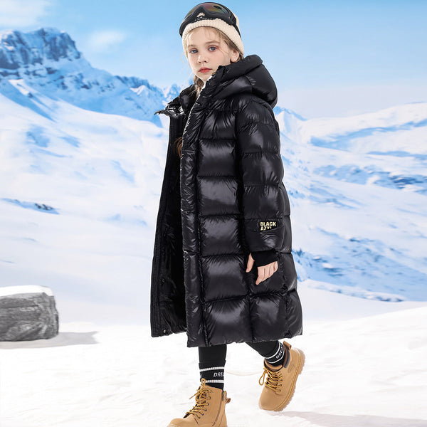 2025 Kids’ Long Black Gold Down Cotton Coat – Thick Warm Over-the-Knee Winter Jacket for Boys and Girls, Foreign Trade Quality