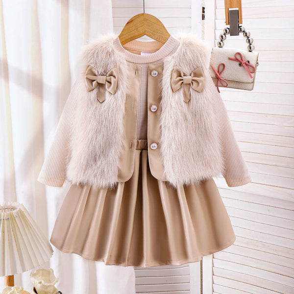 2025 Girls’ 3-Piece Outfit – Long-Sleeve Top + Vest + Pleated Skirt