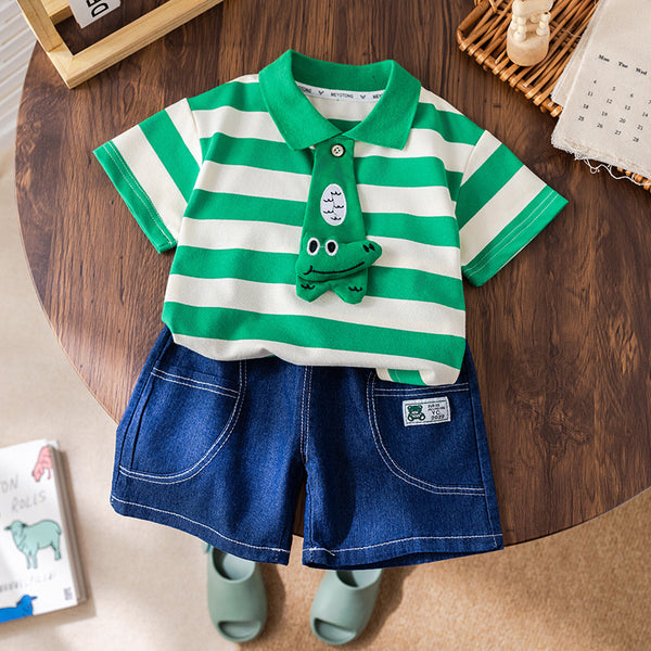 Children's summer striped lapel polo shirt tie summer 2025 new boys casual handsome children two-piece set