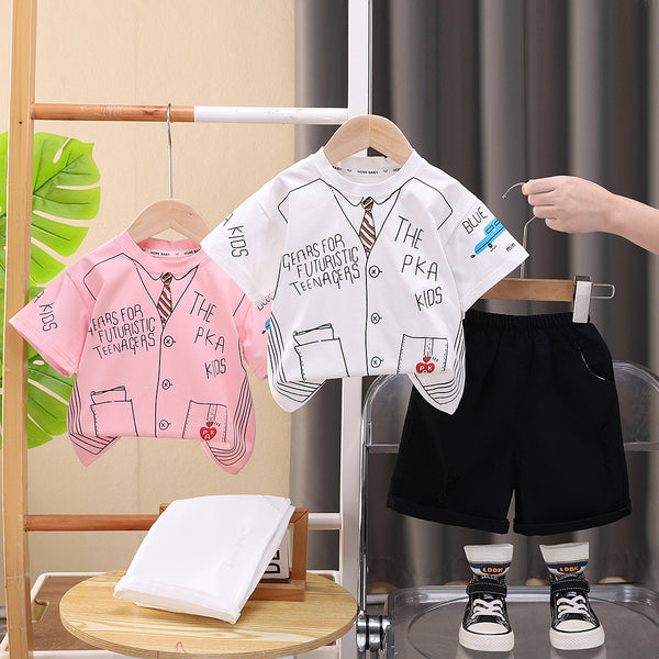 Small and medium-sized children's summer short-sleeved boys' summer wear 2025 new children's graffiti suit T-shirt handsome two-piece