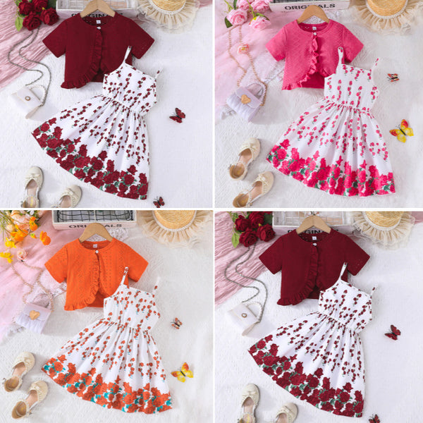 New cute baby girl jacquard short coat + rose pattern skirt suspender skirt
