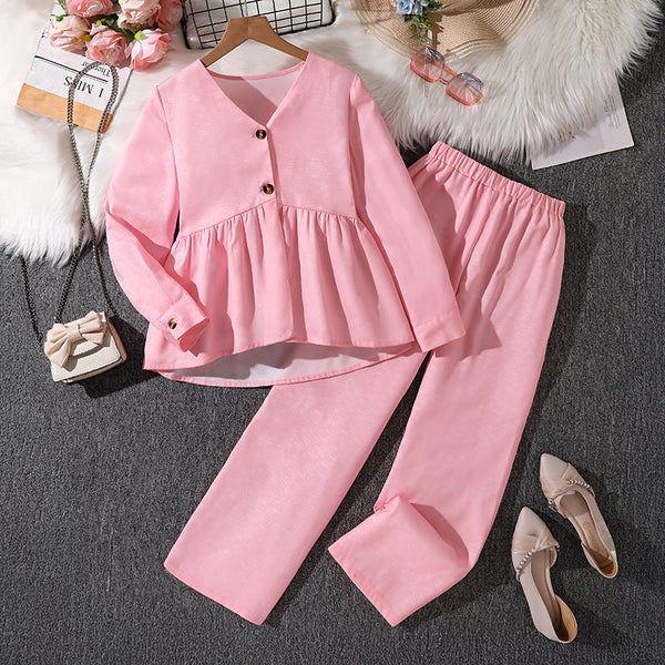 Girls’ 2-Piece Set 2025 – Solid Color V-Neck Top & Casual Pants
