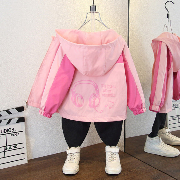 Children's coat spring 2025 new girls' color matching hooded jacket trench coat baby girl trendy top spring