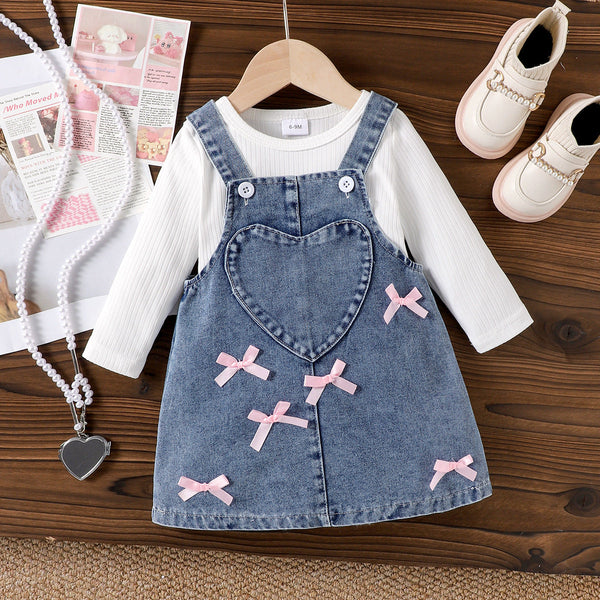 2025 New Kids’ Autumn Winter Set – White Long-Sleeve Shirt + Blue Strap Dress, Trendy Foreign Trade Outfit for Girls