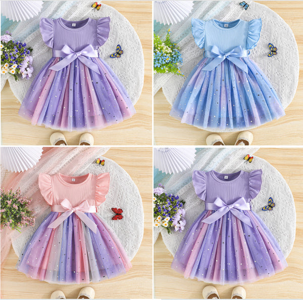 2025 summer elegant lady style princess dress star and moon silver mesh skirt pendulum crew neck dress + belt