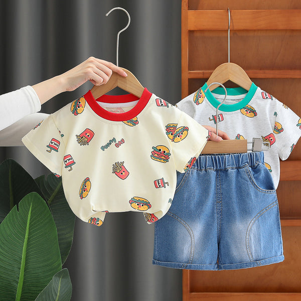2025 summer new children's full print cartoon round neck short-sleeved set medium and children's casual denim shorts two-piece set