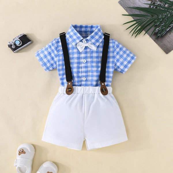 Handsome baby boy plaid short-sleeved shirt overalls shorts set summer British gentleman's clothing