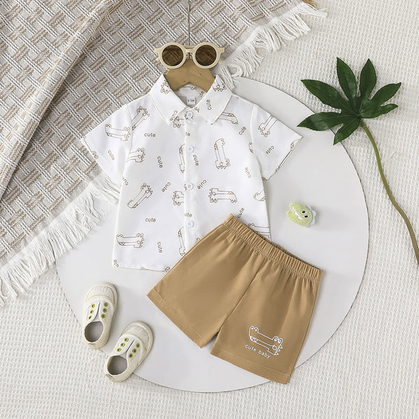 2025 summer new product simple fashion baby boy animal pattern short sleeve square neck shirt with shorts