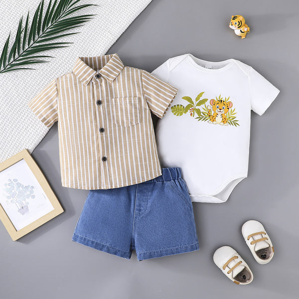 2025 summer cute fashion baby boy striped short-sleeved shirt + cartoon pattern Romper + denim shorts set