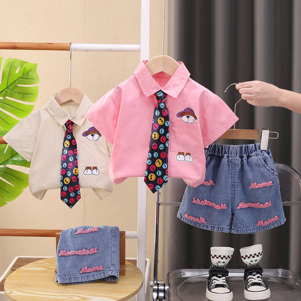 Children's summer cartoon casual short-sleeved two-piece set 2025 new children's handsome tie shirt set