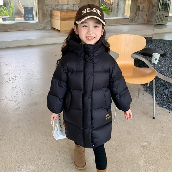 Girls’ Black and Gold Down Cotton Coat with Graphene Lining – Thick Warm Long Winter Jacket