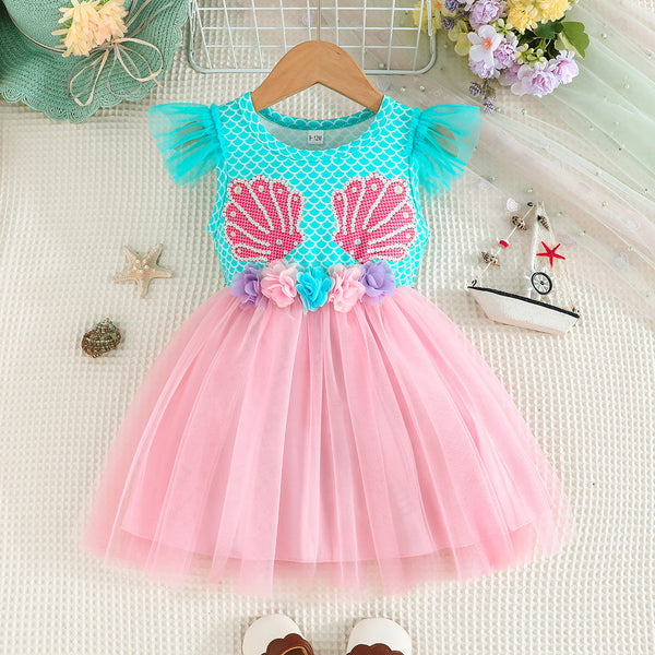 2025 sweet and cute princess dress three-dimensional flower decoration scallop pattern summer new vacation dress