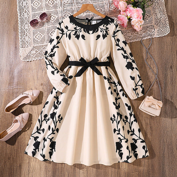Girls’ Long Dress 2025 – Contrast Color Print Long Sleeve Casual Waist Dress