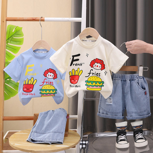 2025 summer new children's cartoon printing round neck short-sleeved set medium and children's denim shorts two-piece set