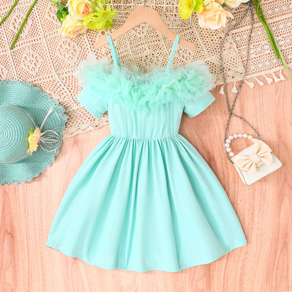 Girls new elegant princess dress mesh lace neckline suspender dress summer vacation dress