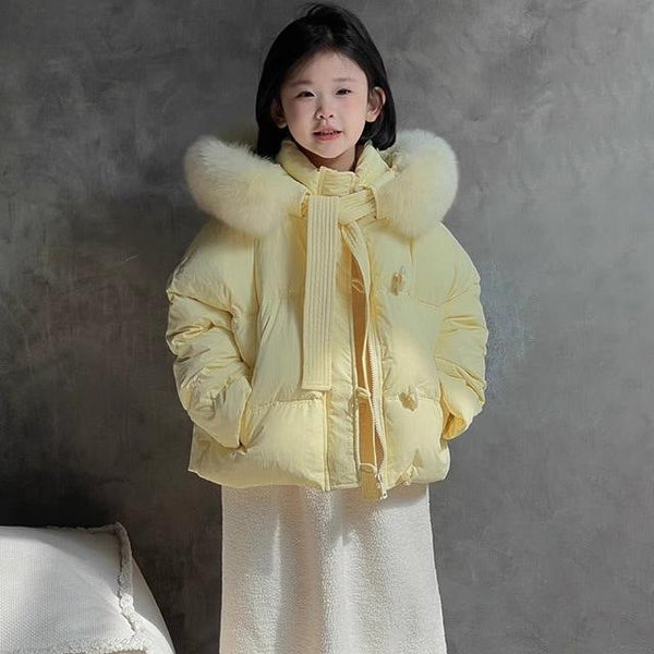 Girls’ Winter Short Down Jacket – Korean Style Thick Warm Coat with Big Fur Collar