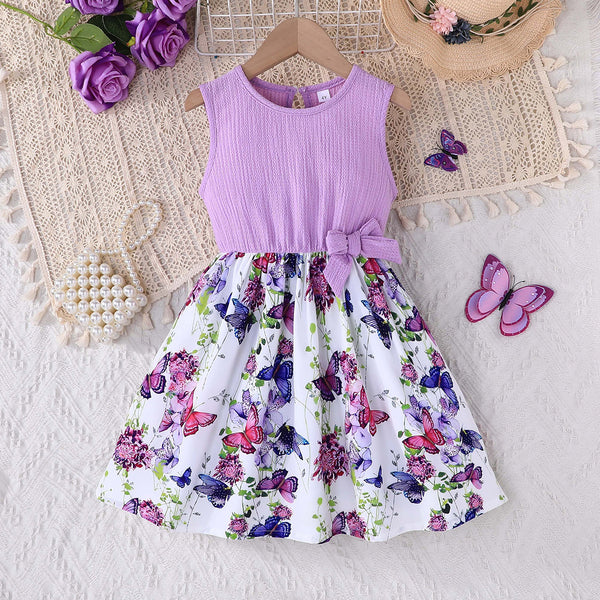 Girls Bow Decorative Flower Skirt Sleeveless Dress Summer Daily Casual
