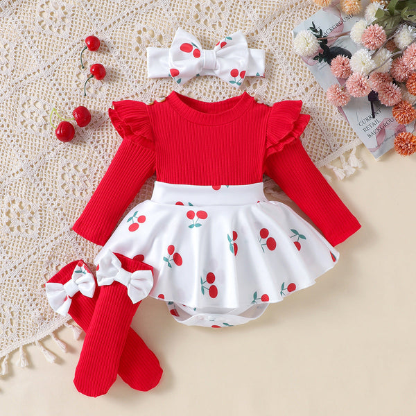 Baby Girls’ Red Cherry Romper – Long-Sleeve Spring and Autumn Outfit, Trendy European and American Style Kids’ Clothing