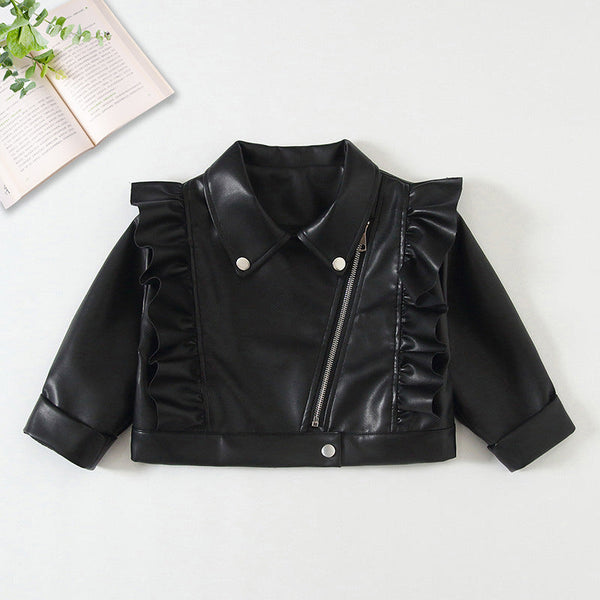 Girls cardigan leather jacket 2025 new children middle and older  small fragrant lace top jacket