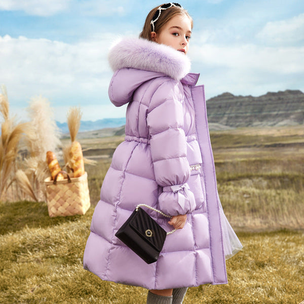 2025 Girls’ Winter Down Cotton Coat – Thick Warm Jacket with Big Fur Collar, Fashionable Foreign-Style Children’s Outerwear