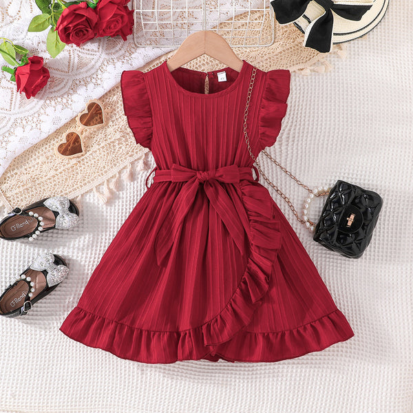 2025 summer fashion girls' new solid color wave strip flying sleeve round neck ruffle edge dress with belt
