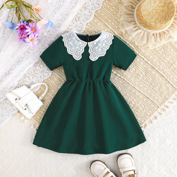 2025 cute summer new butterfly lace doll collar solid color dress daily outing casual wear