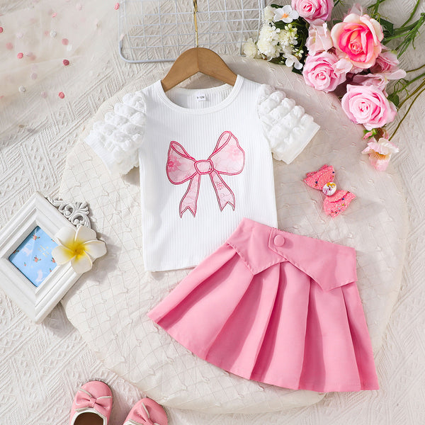 2025 summer baby children sweet and cute bow pattern top + pleated skirt set, new for daily leisure