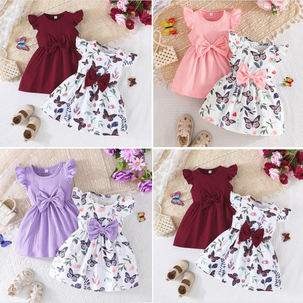 2025 cute baby girl summer new butterfly pattern dress + solid color dress 2 pieces combination