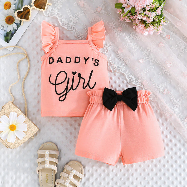 2025 summer cute baby girl letter printed top + bow shorts, daily casual suit