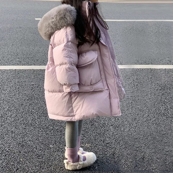 Girls’ Winter Hooded Down Cotton Coat – Thick Warm Medium-Long Jacket with Big Fur Collar, Trendy Foreign-Style Outerwear