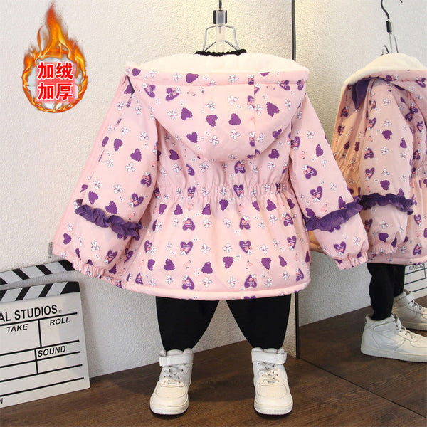 Girls’ Hooded Trench Coat – 2025 Autumn/Winter Fleece Cotton-Padded Jacket with Lace & Bow Design