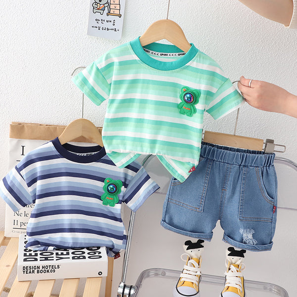 Children's summer 2025 new boys and girls suit Korean version striped foreign style short-sleeved shorts summer two-piece set