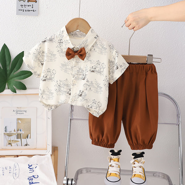 2025 boys short-sleeved set summer new handsome children full print panda bow tie short-sleeved two-piece set