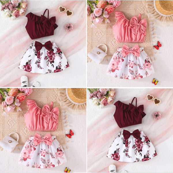 2025 summer new cute baby girl shoulder sling vest + flower pattern skirt, casual suit