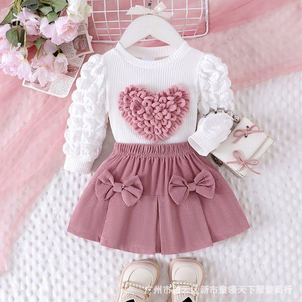 2025 New Girls’ Two-Piece Outfit – Cute Heart Sweater Top + Pink Bell-Bottom