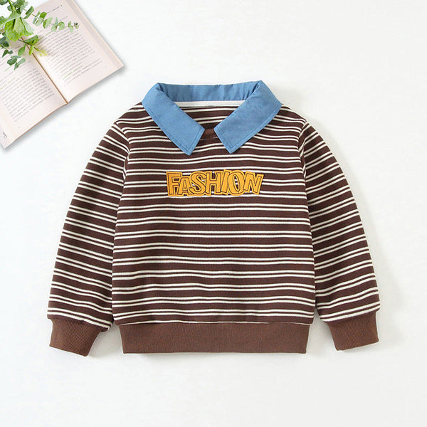 Boys’ Striped Sweater – Spring & Autumn Children’s Cool Denim Collar Pullover Top