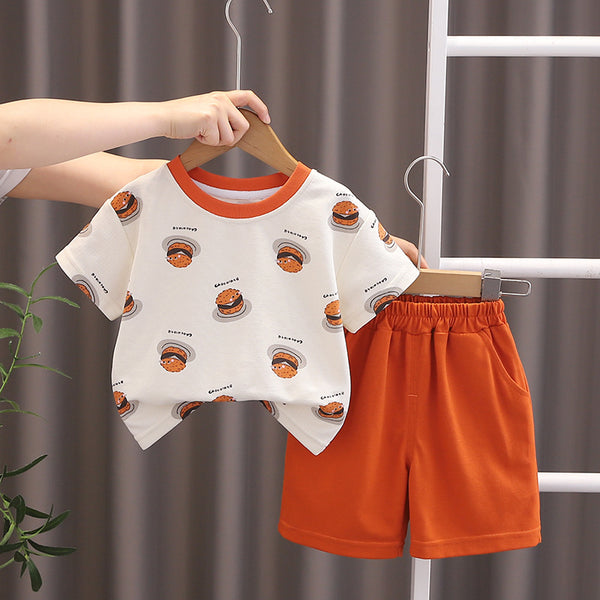 Boys summer shorts set 2025 new children's summer cartoon printing two-piece set trendy short-sleeved